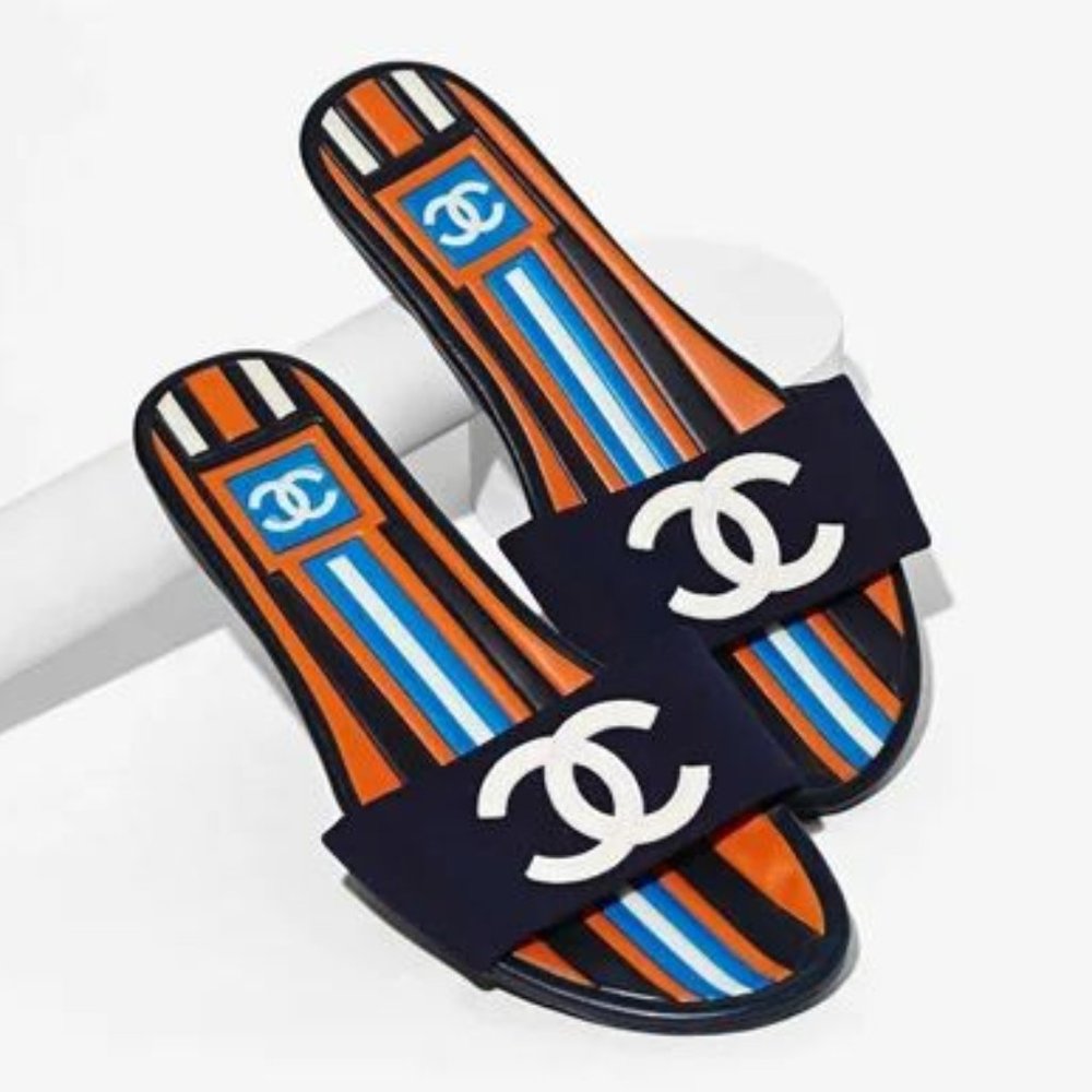 Chanel Navy Orange White 'CC' Open Toe Slip On Sandals SZ 36